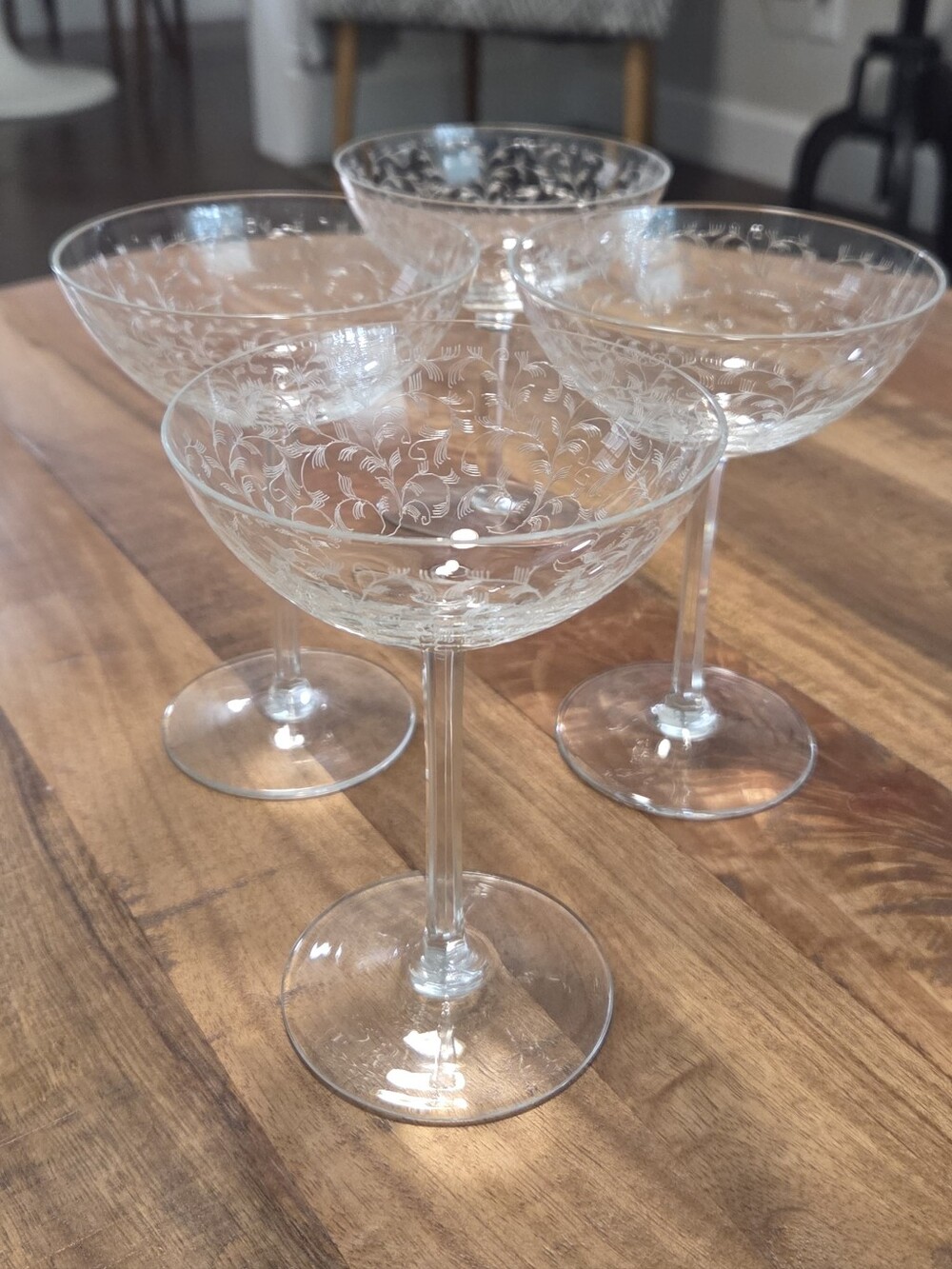 Vintage Etched Champagne Coupe Glasses Set of 4